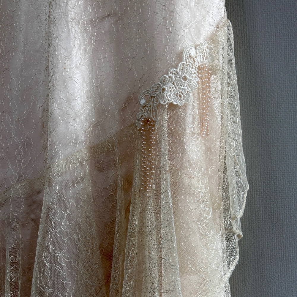VINTAGE JCPENNEY Lace Asymmetric Formal Dress Pearl Fringe Victorian Goth Size L - Picture 6 of 12